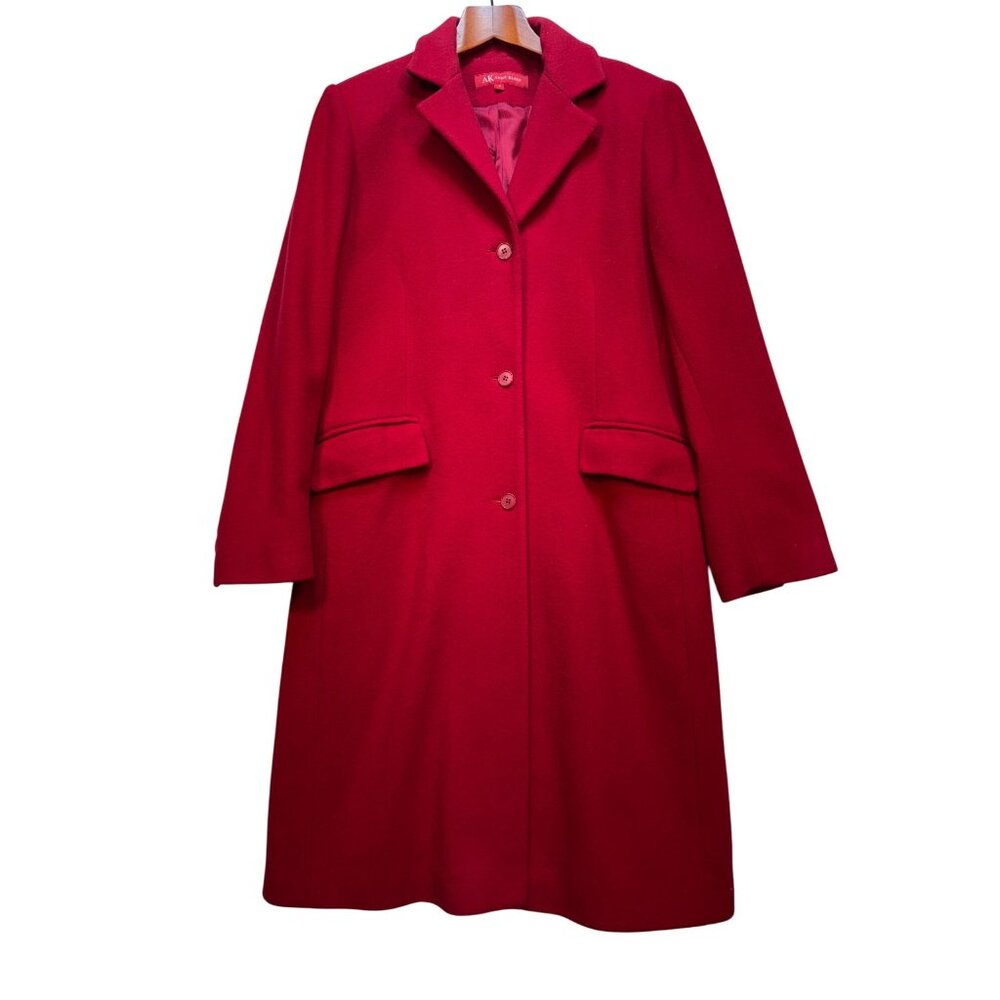 Anne Klein Lambswool Long Coat Womens 8 Red Button Front Winter Collared Casual